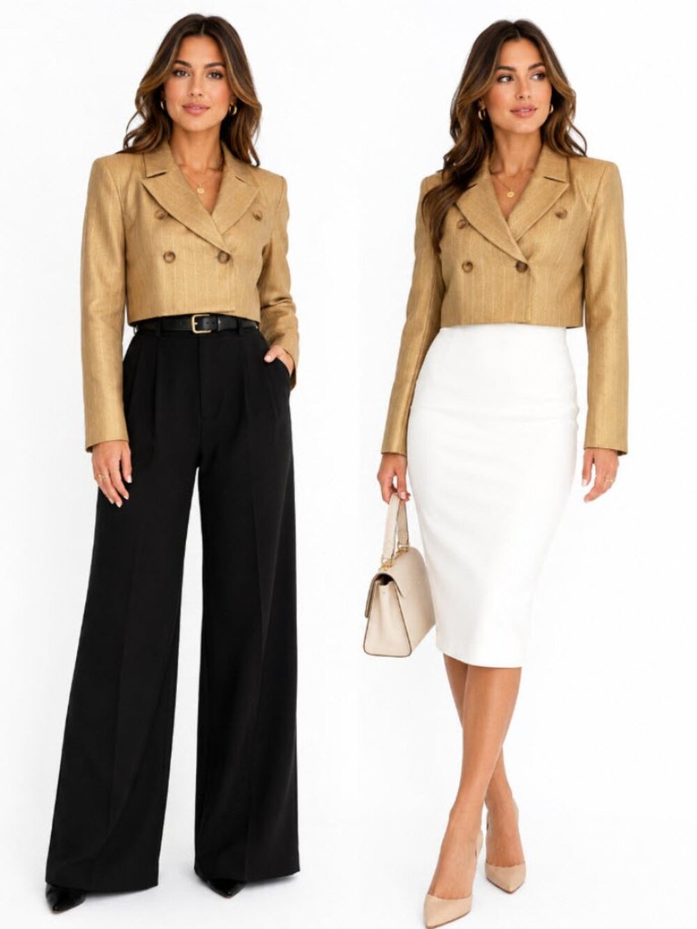 Via Bovio Gold Pinstripe Cropped Blazer Double Breasted Italy Large NWOT